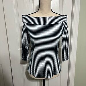 Navy Blue and White Stripe Nautical Off the Shoulder 3/4 Sleeve Top Medium